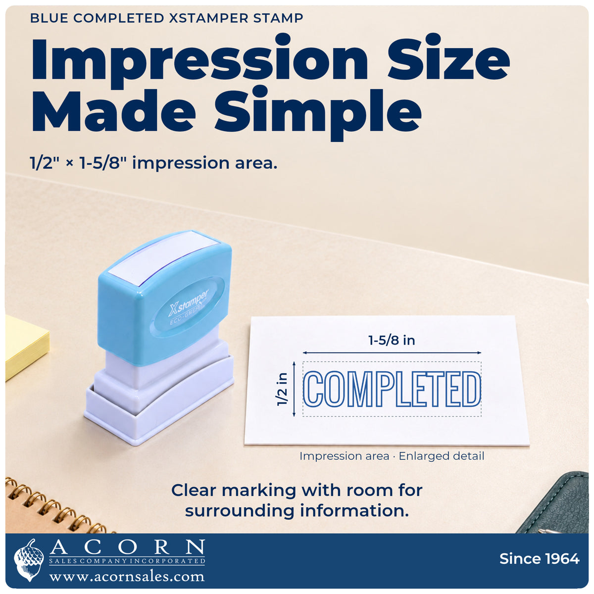 Impression size guide: the "Completed" imprint measures 1-5/8 x 1/2 in