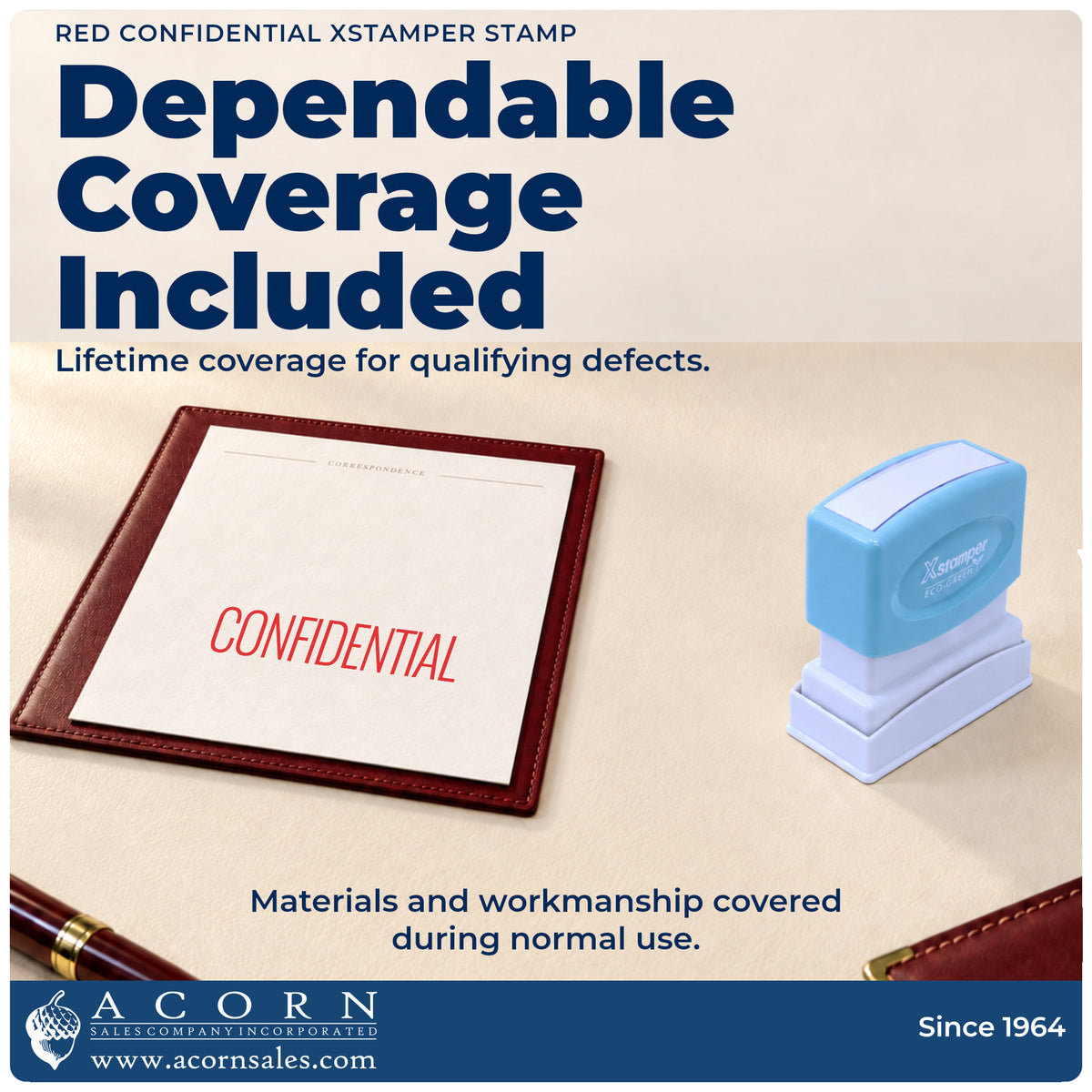 Lifetime guarantee graphic shown with the Red Confidential File Stamp from Acorn Sales
