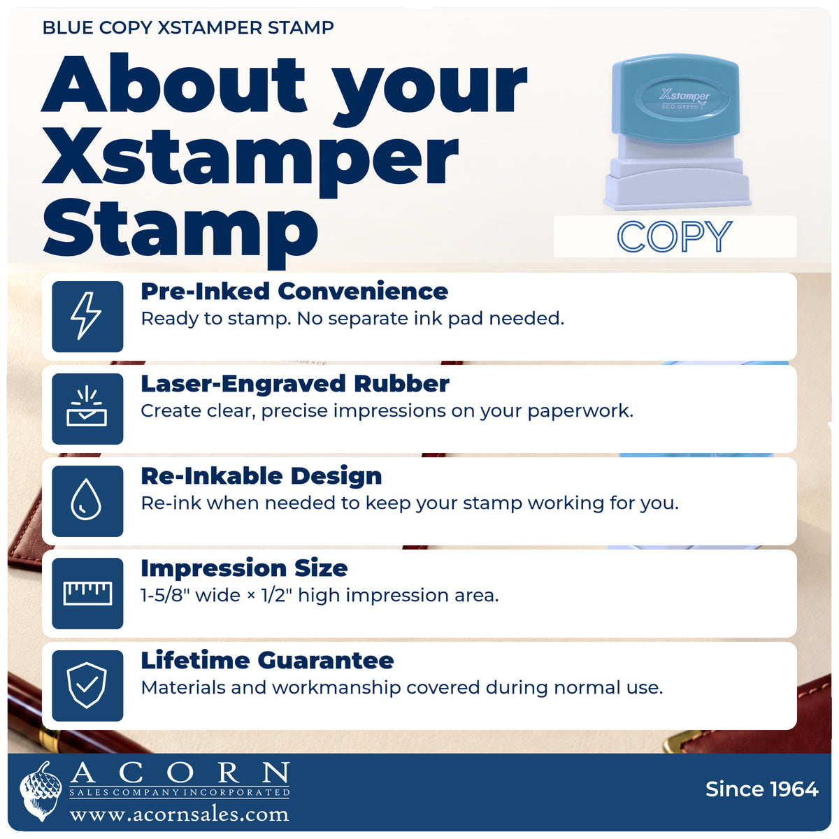 About your Copy Stamp – Blue Pre-Inked Xstamper: Xstamper 1006 pre-inked stock stamp facts