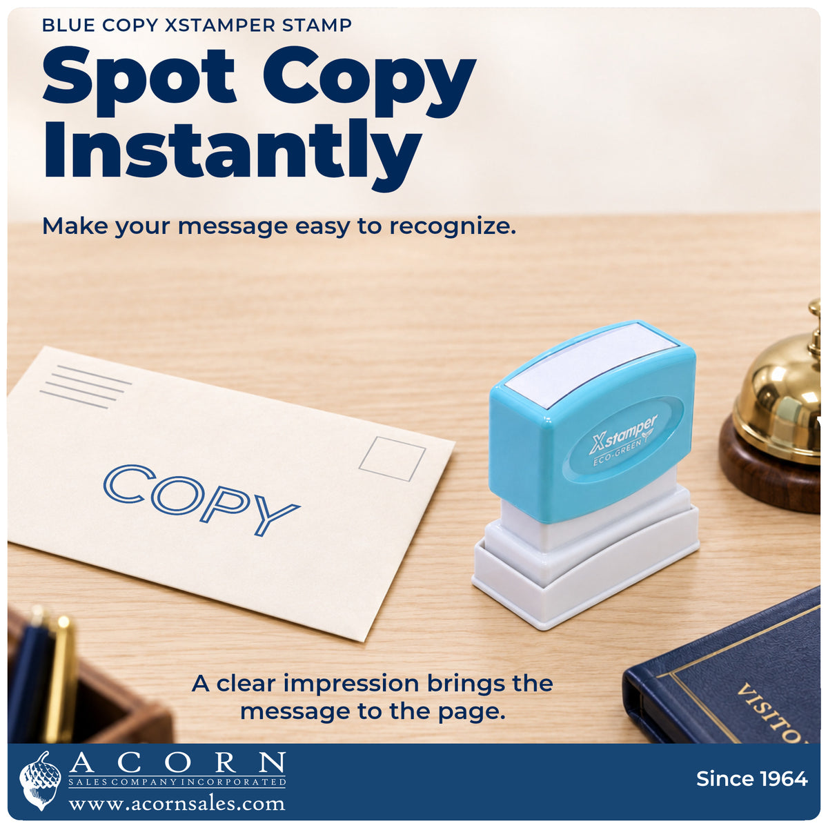 "Copy" imprint on office paperwork beside the Copy Stamp – Blue Pre-Inked Xstamper