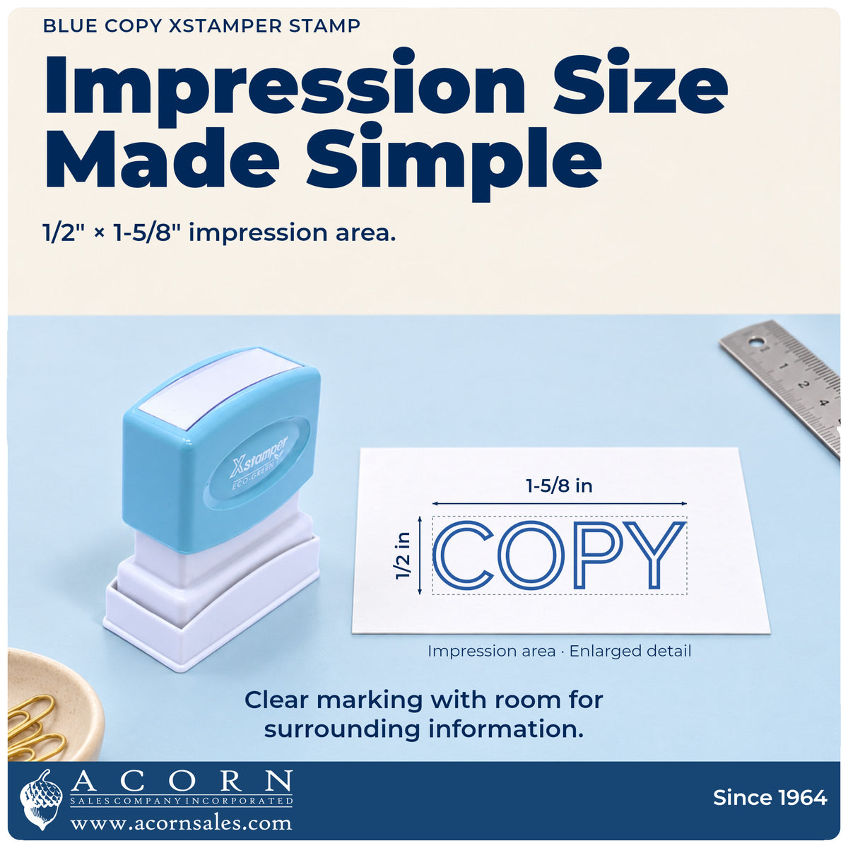 Impression size guide: the "Copy" imprint measures 1-5/8 x 1/2 in
