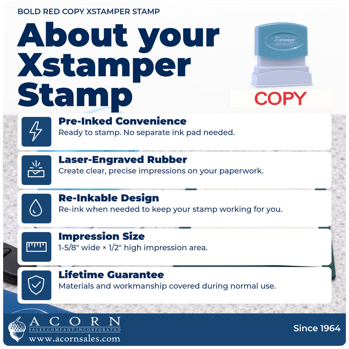 About your Bold Red Copy Stamp: Xstamper 1359 pre-inked stock stamp facts