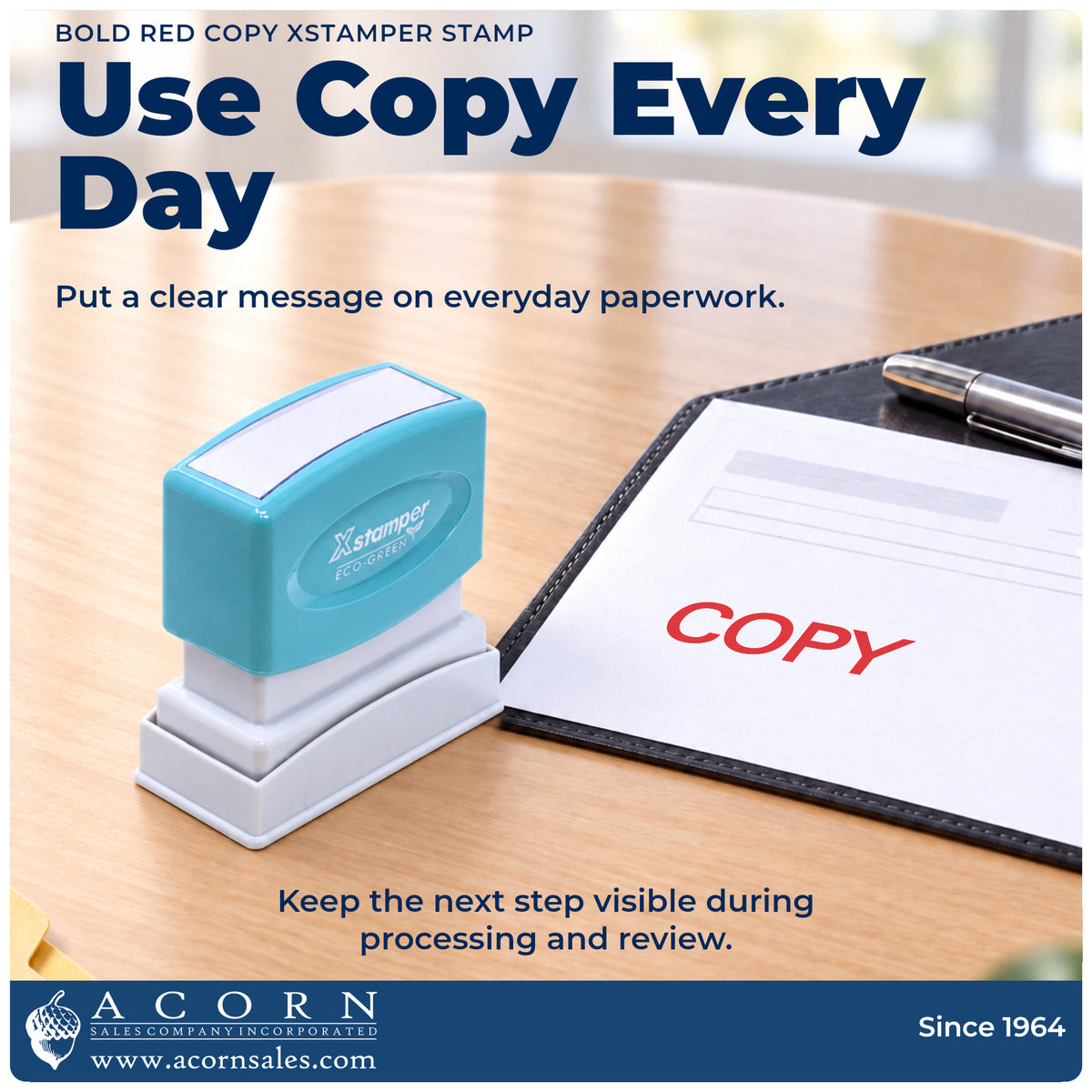Bold Red Copy Stamp being pressed to leave an imprint reading "Copy"