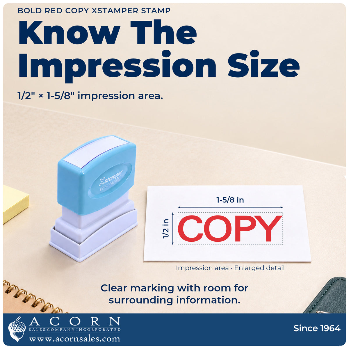 Impression size guide: the "Copy" imprint measures 1/2 x 1-5/8 in