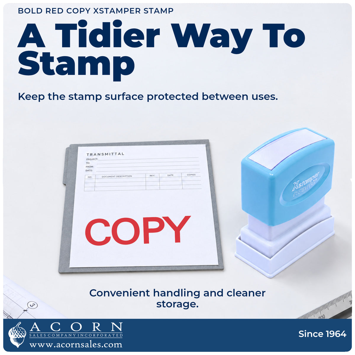 Features of the Bold Red Copy Stamp: pre-inked Xstamper 1359, 1/2 x 1-5/8 in imprint