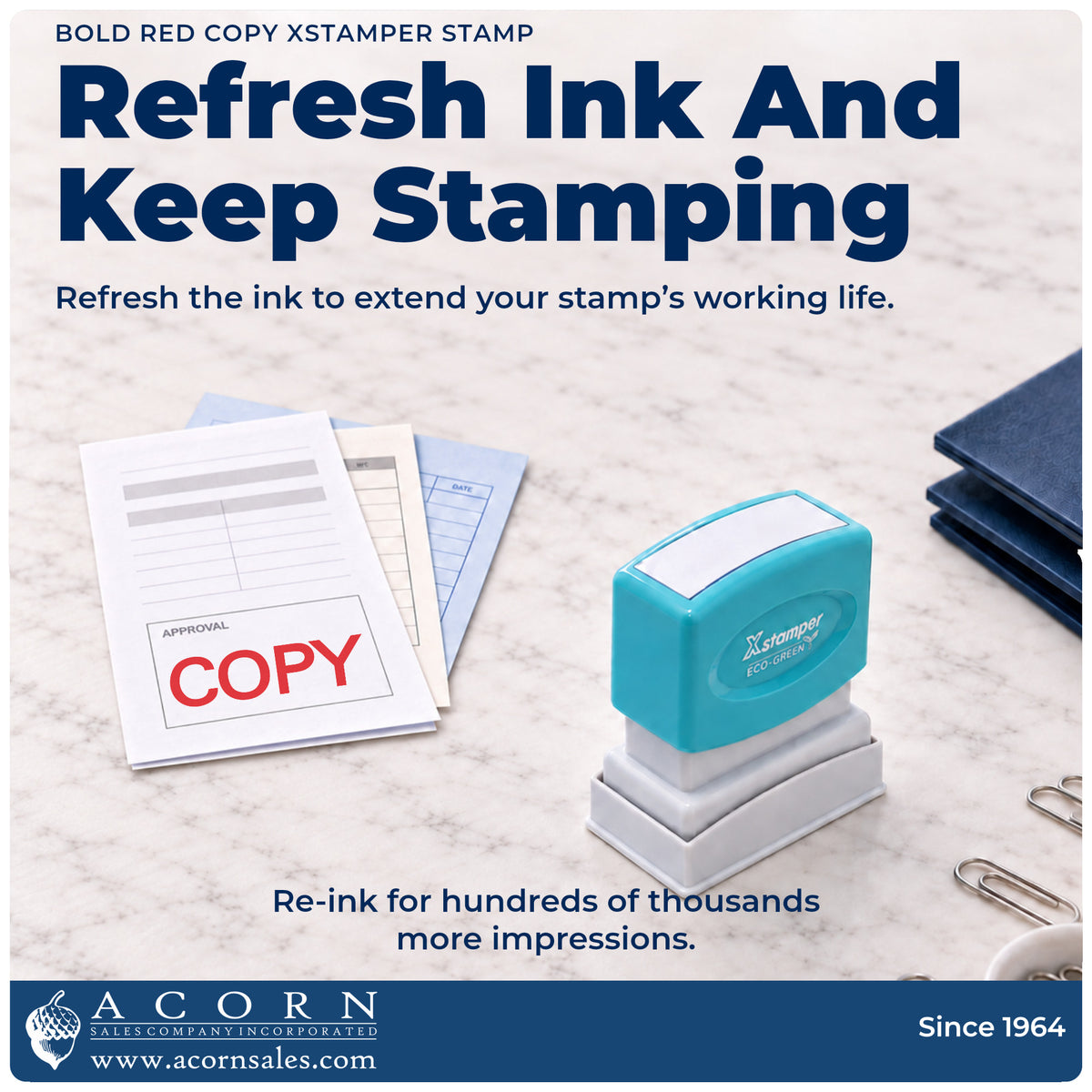 Re-inkable pre-inked build of the Bold Red Copy Stamp shown in detail