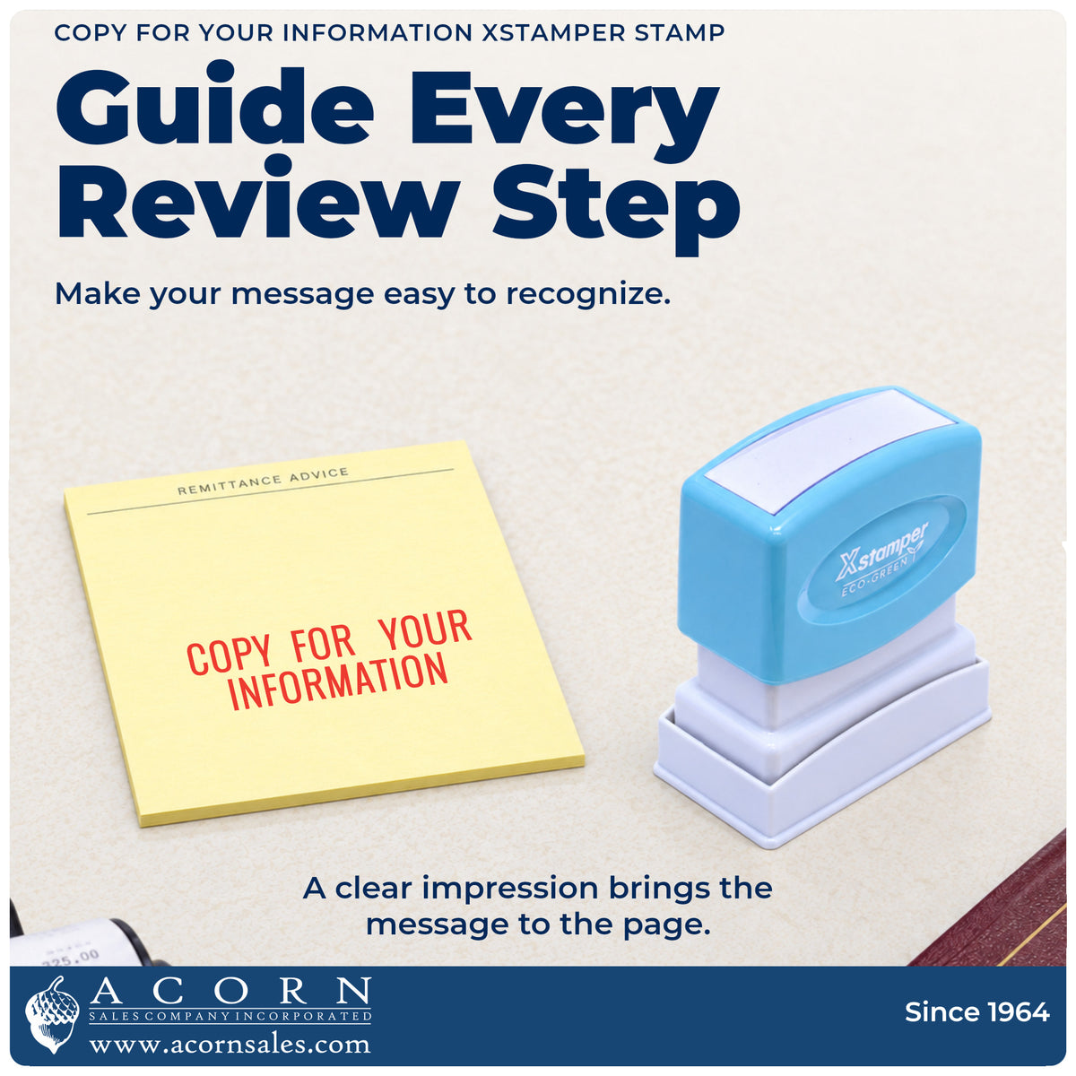 "Copy for your information" imprint on office paperwork beside the Xstamper Copy For Your Information Stamp