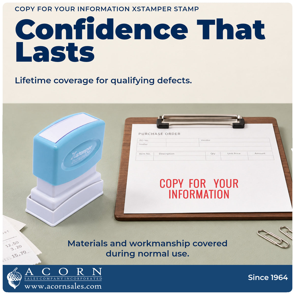 Lifetime guarantee graphic shown with the Xstamper Copy For Your Information Stamp from Acorn Sales