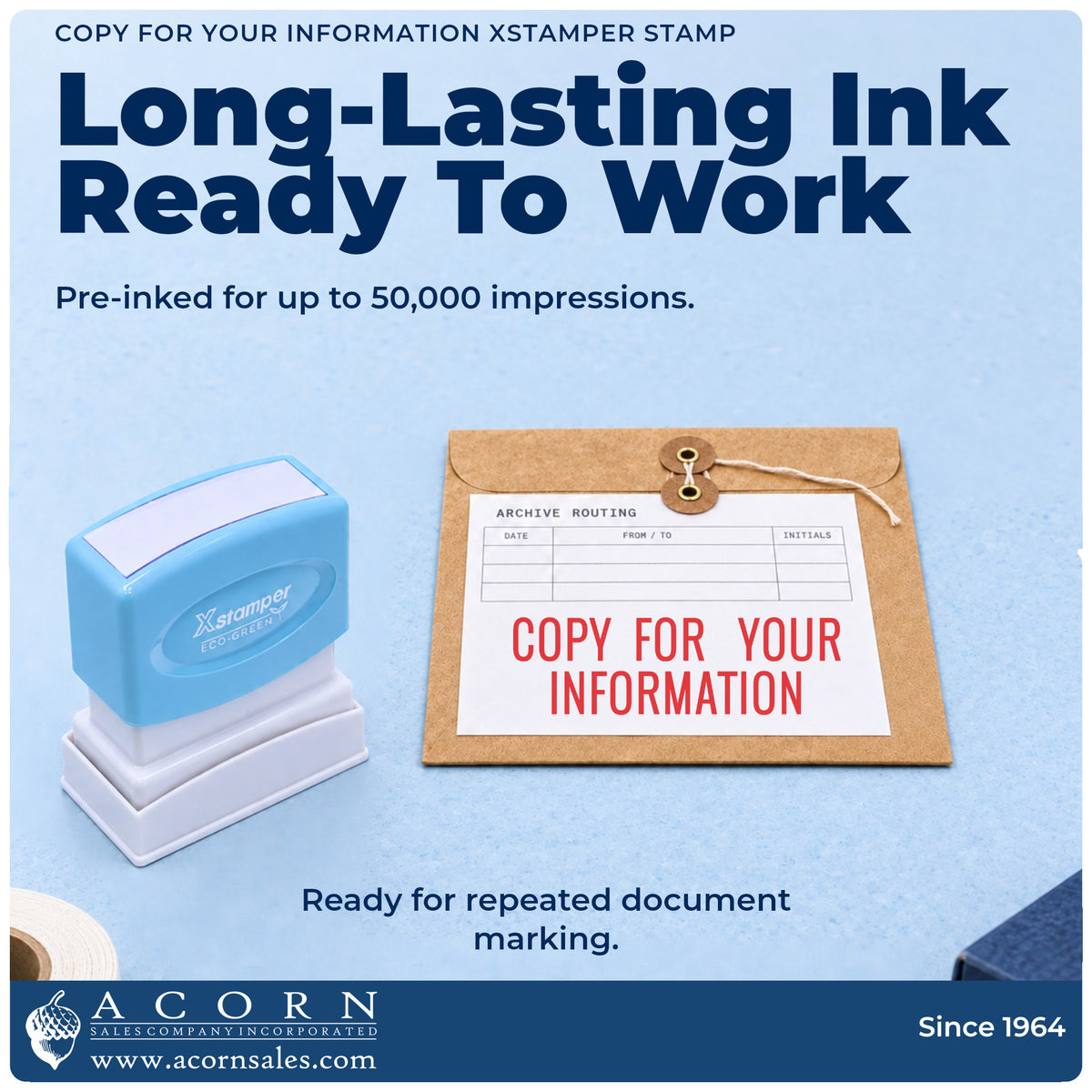 Re-inkable pre-inked build of the Xstamper Copy For Your Information Stamp shown in detail