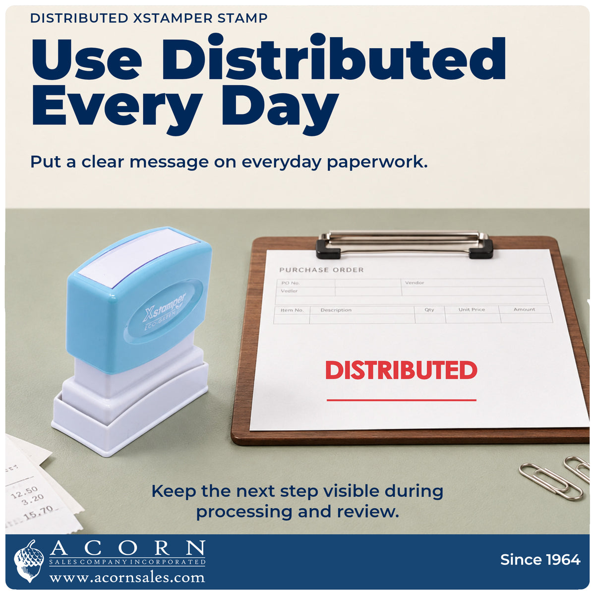Distributed Document Stamp being pressed to leave an imprint reading "Distributed"