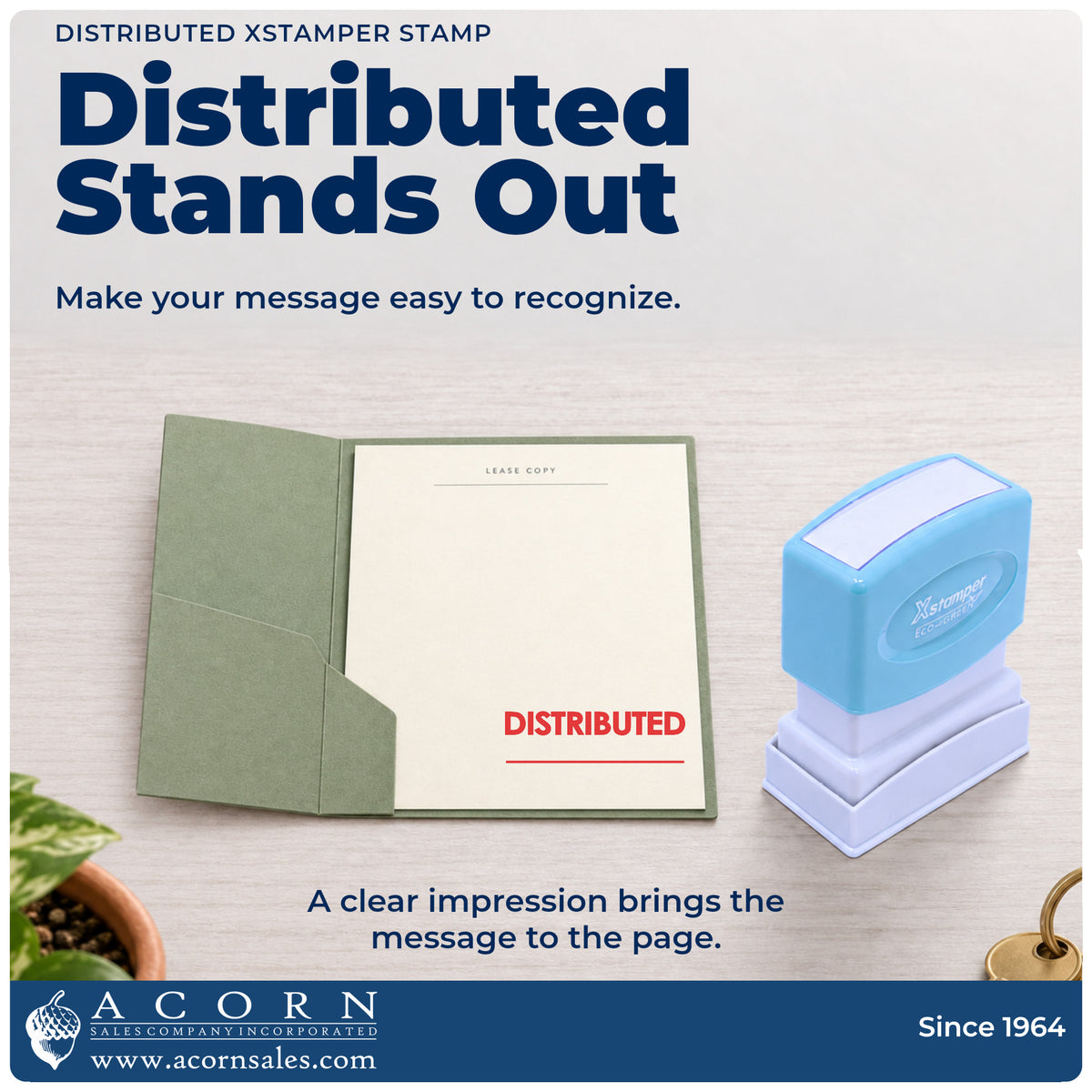 "Distributed" imprint on office paperwork beside the Distributed Document Stamp