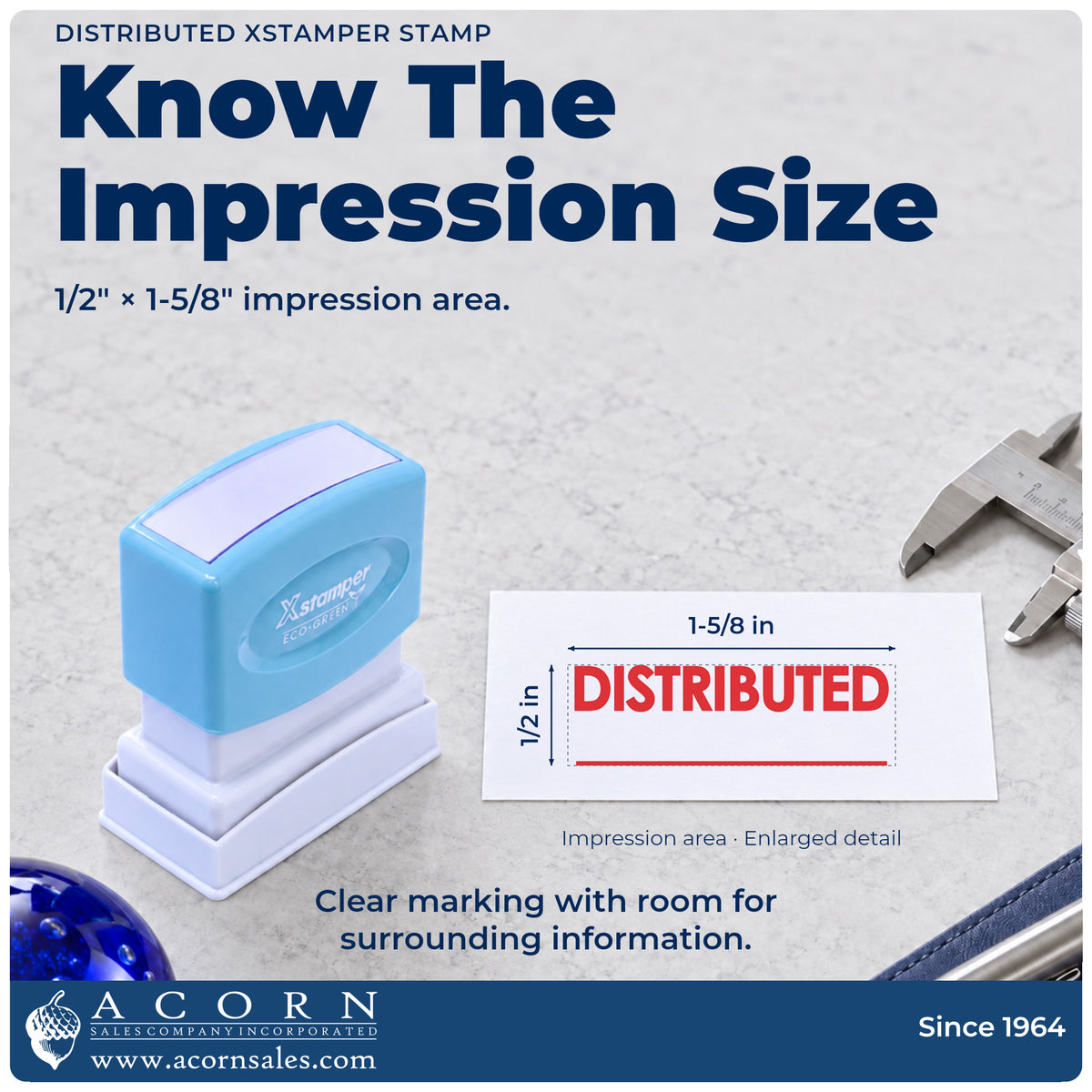 Impression size guide: the "Distributed" imprint measures 1/2 x 1-5/8 in