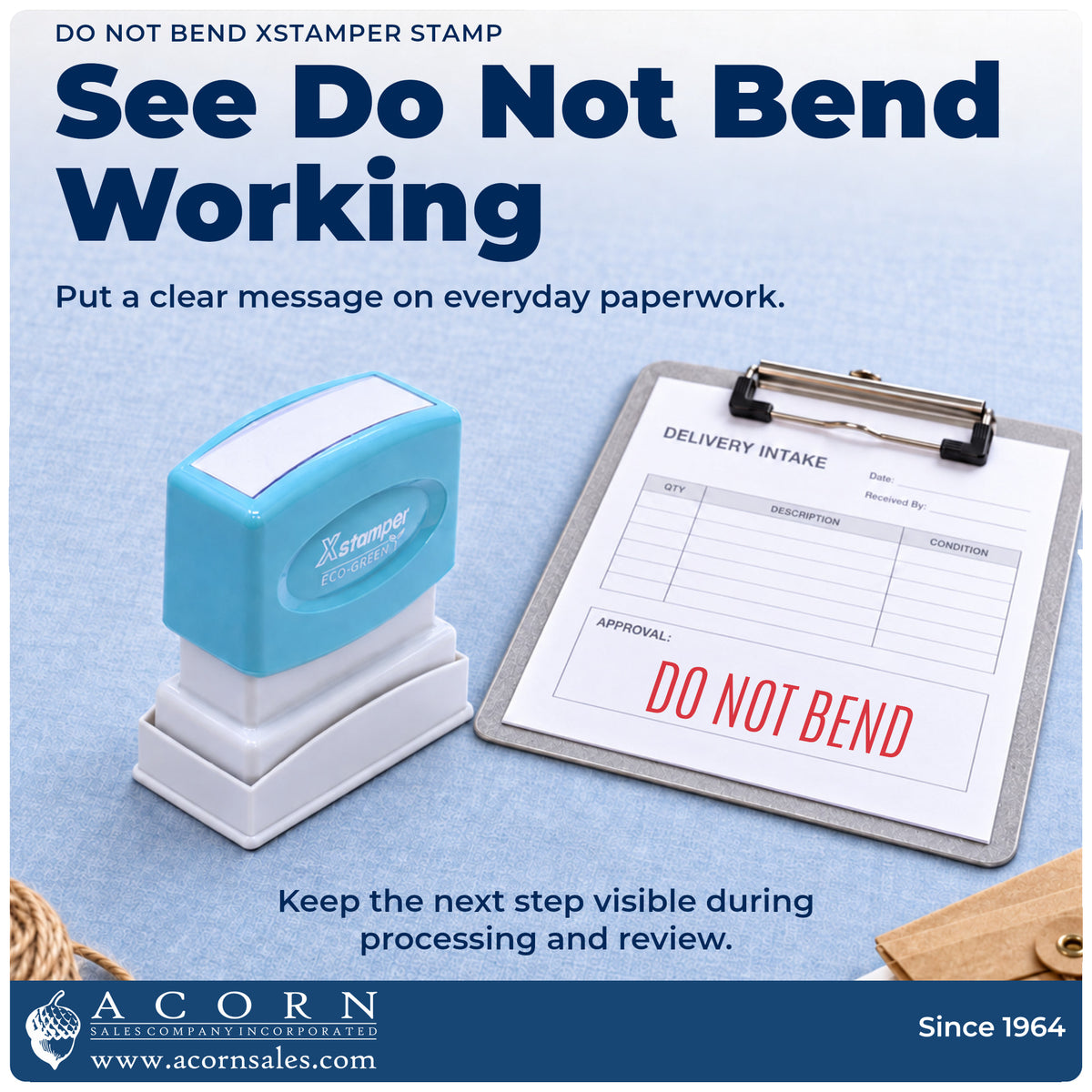 Xstamper Do Not Bend Mailing Stamp being pressed to leave an imprint reading "Do not bend"