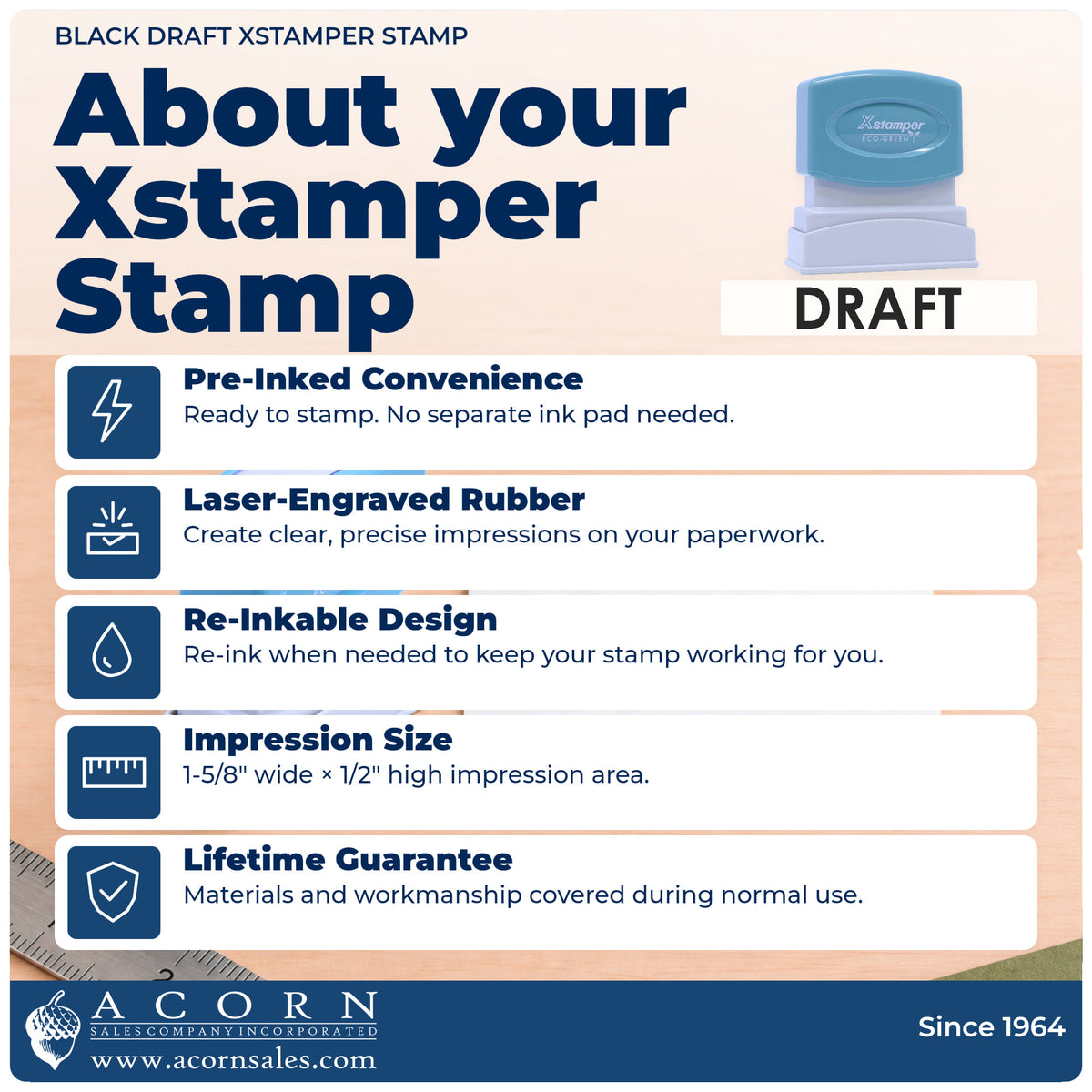 About your Xstamper Draft Stamp – Black Pre-Inked: Xstamper 1068 pre-inked stock stamp facts