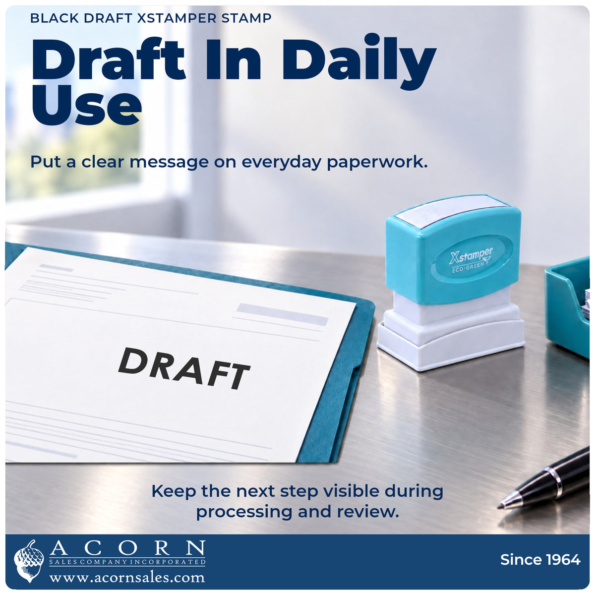 Xstamper Draft Stamp – Black Pre-Inked being pressed to leave an imprint reading "Draft"