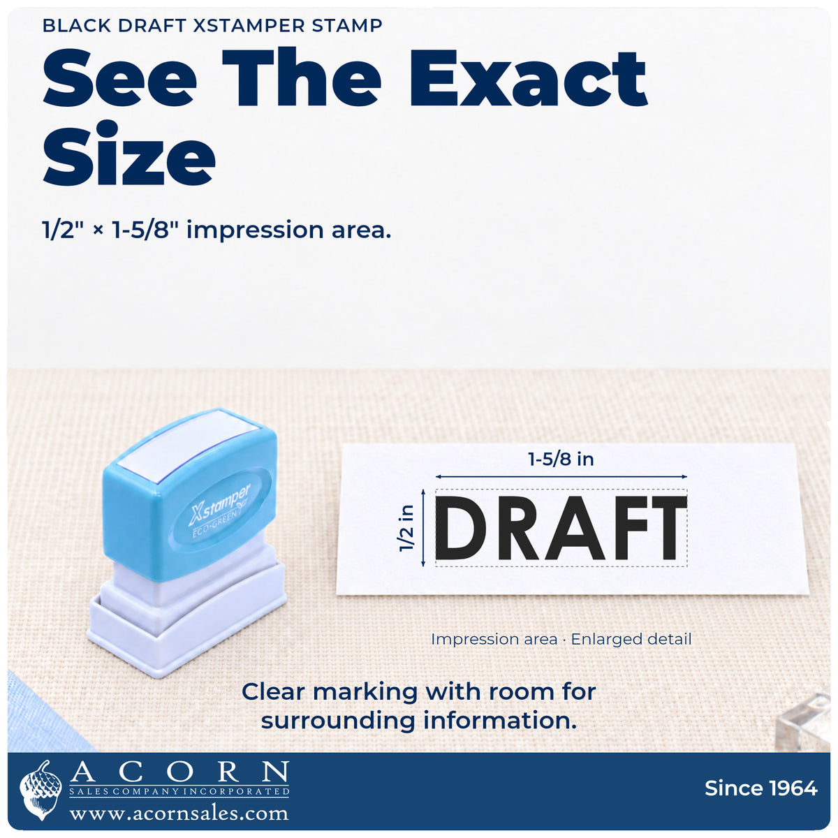 Impression size guide: the "Draft" imprint measures 1/2 x 1-5/8 in