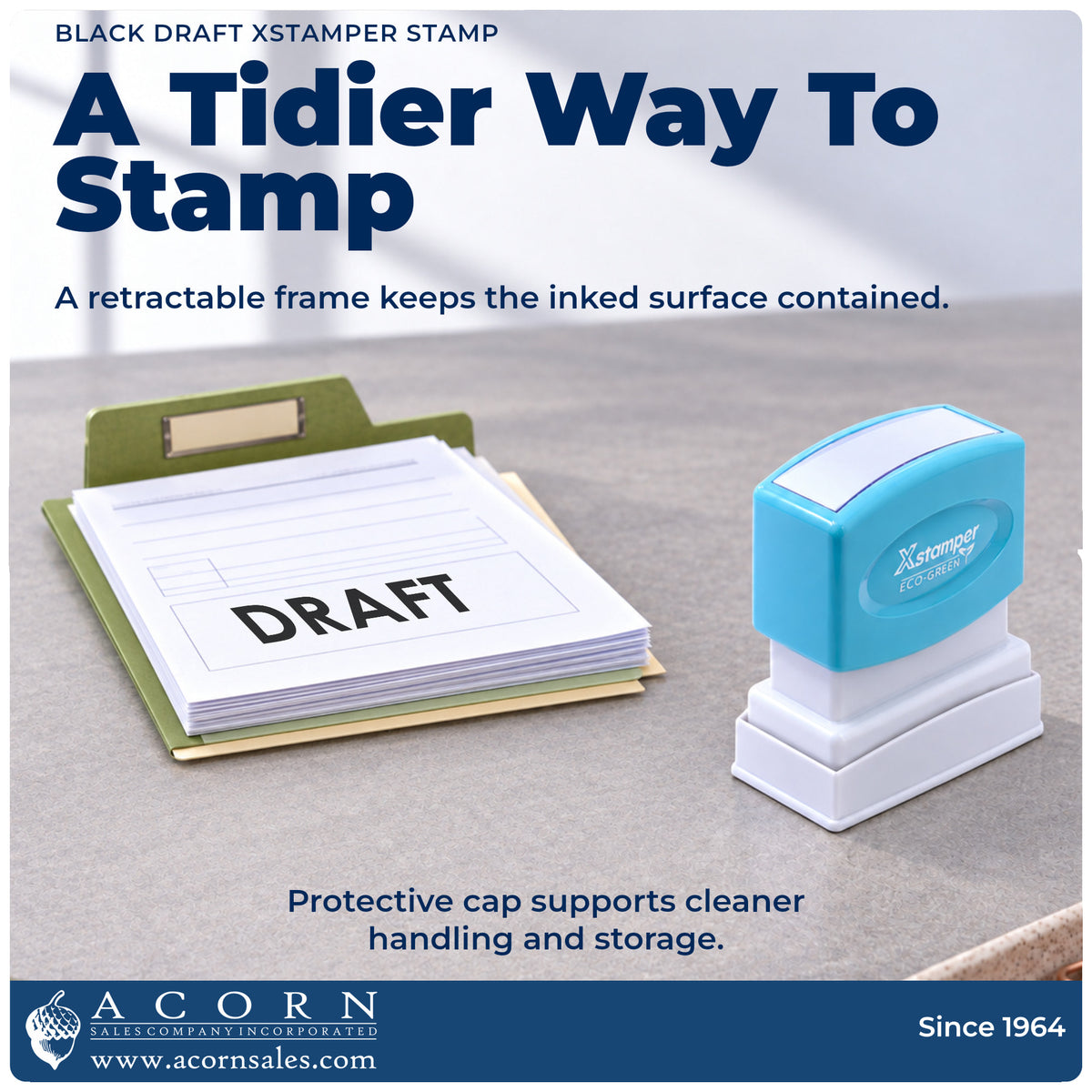 Features of the Xstamper Draft Stamp – Black Pre-Inked: pre-inked Xstamper 1068, 1/2 x 1-5/8 in imprint