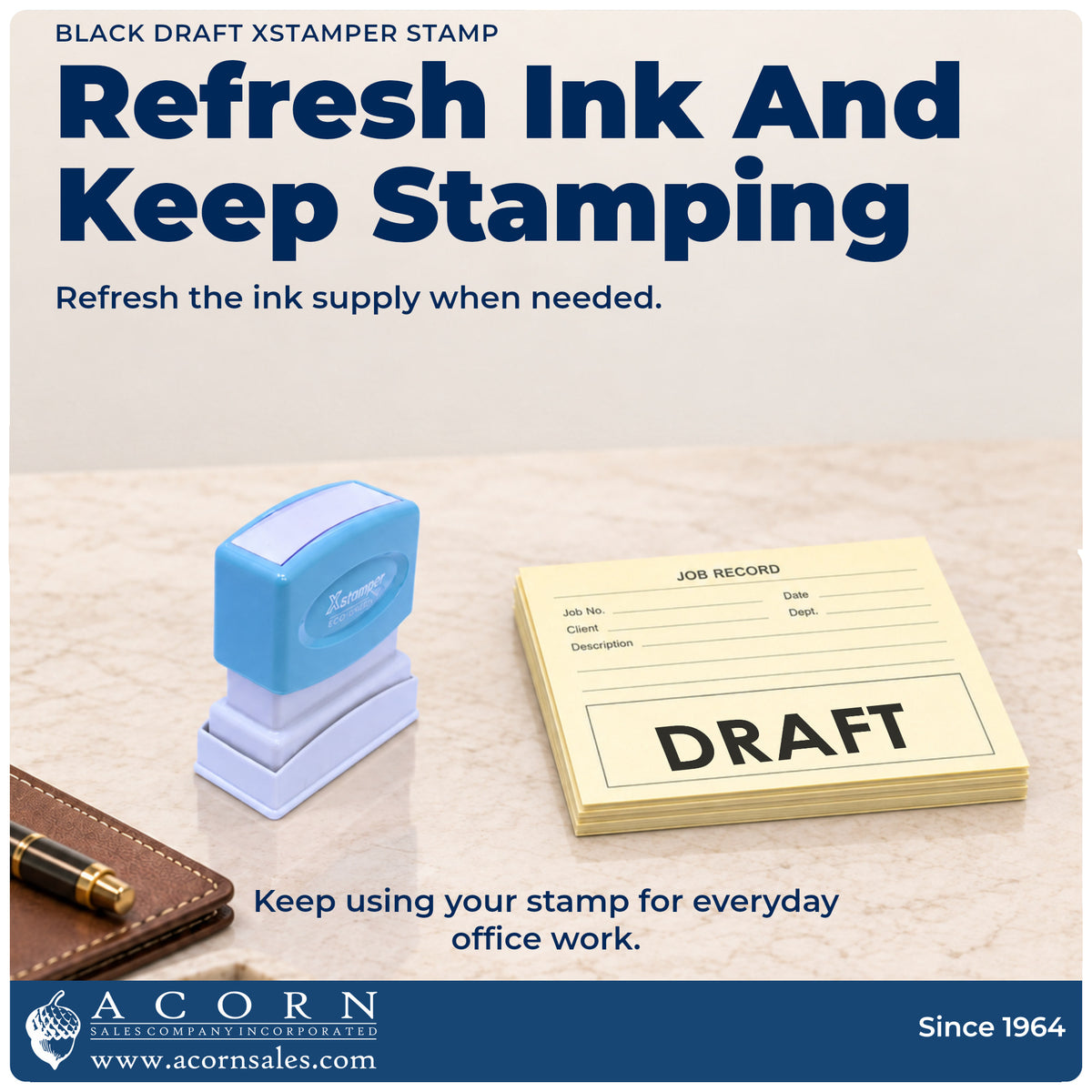 Re-inkable pre-inked build of the Xstamper Draft Stamp – Black Pre-Inked shown in detail