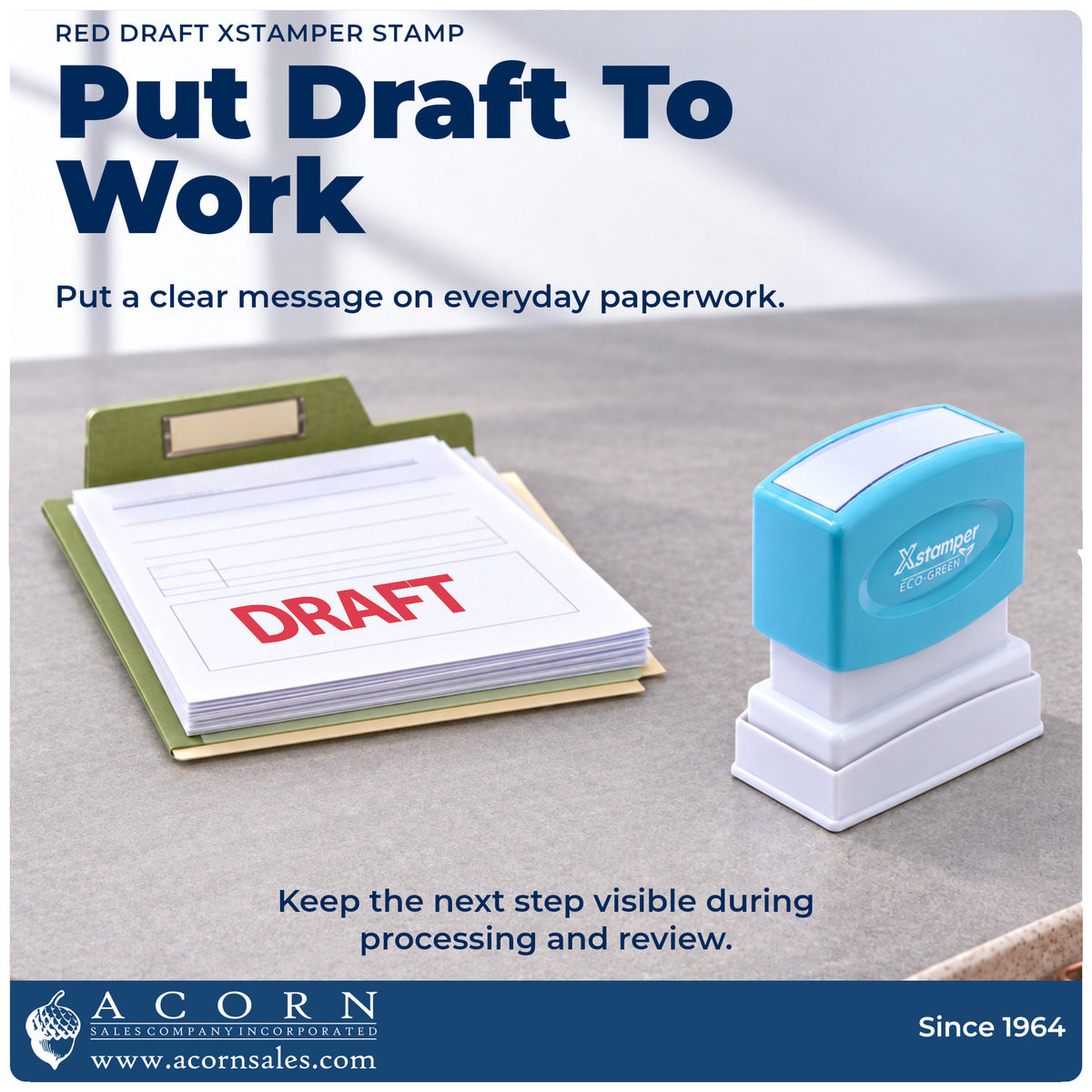 Draft Stamp For Document Review – Red Pre-Inked Xstamper being pressed to leave an imprint reading "Draft"