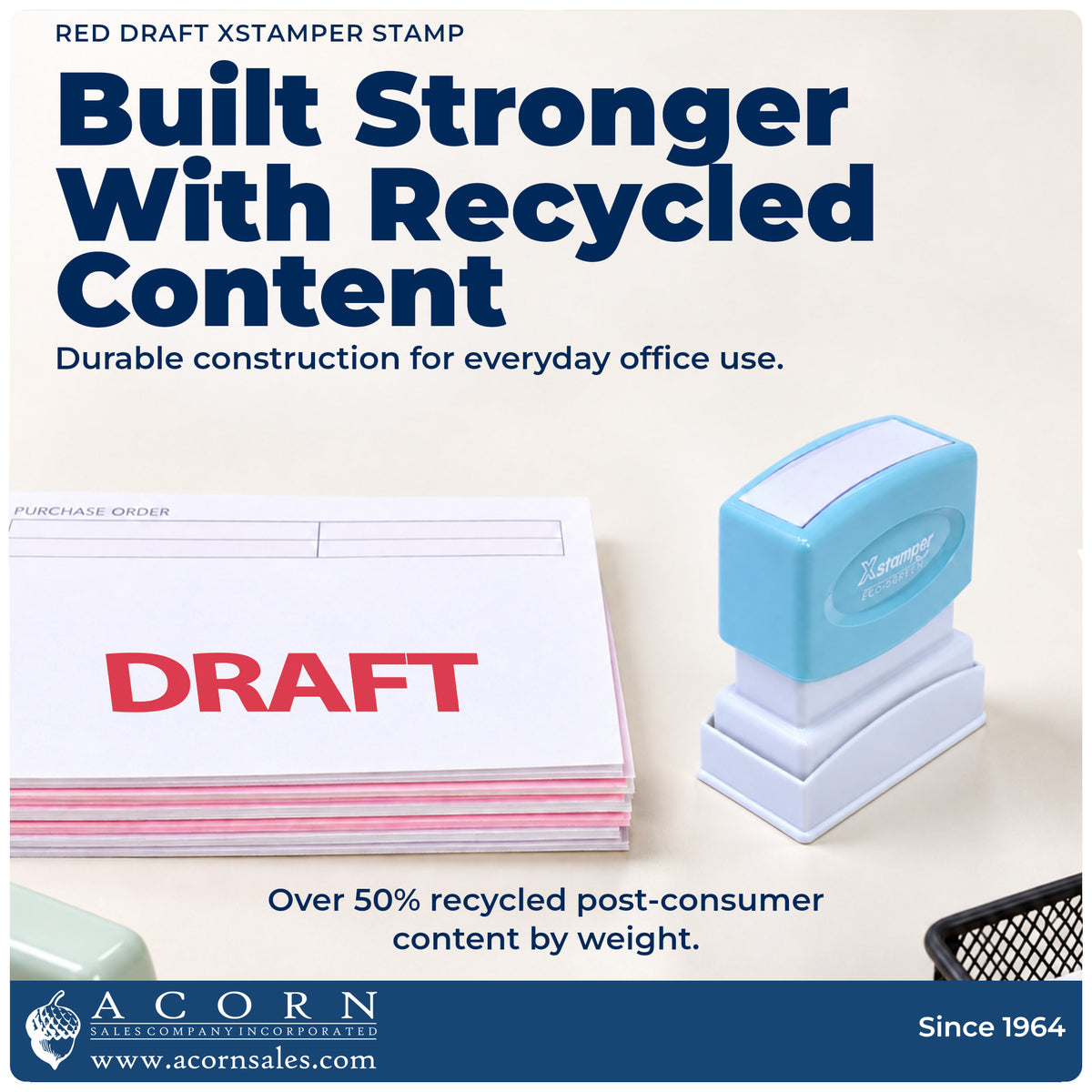 Features of the Draft Stamp For Document Review – Red Pre-Inked Xstamper: pre-inked Xstamper 1360, 1-5/8 x 1/2 in imprint