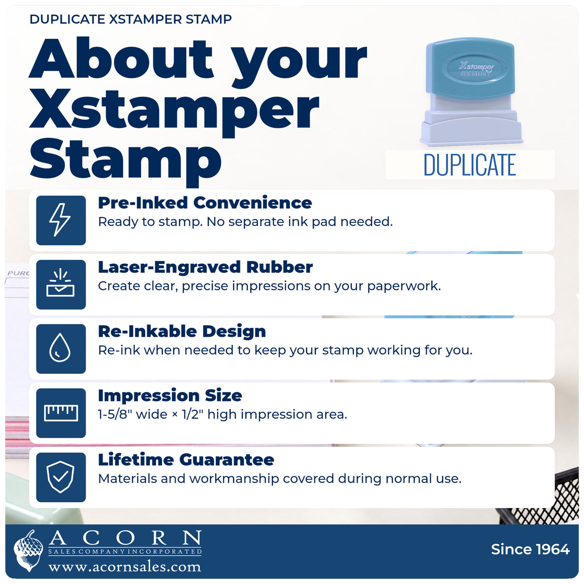 About your Duplicate Stamp: Xstamper 1112 pre-inked stock stamp facts