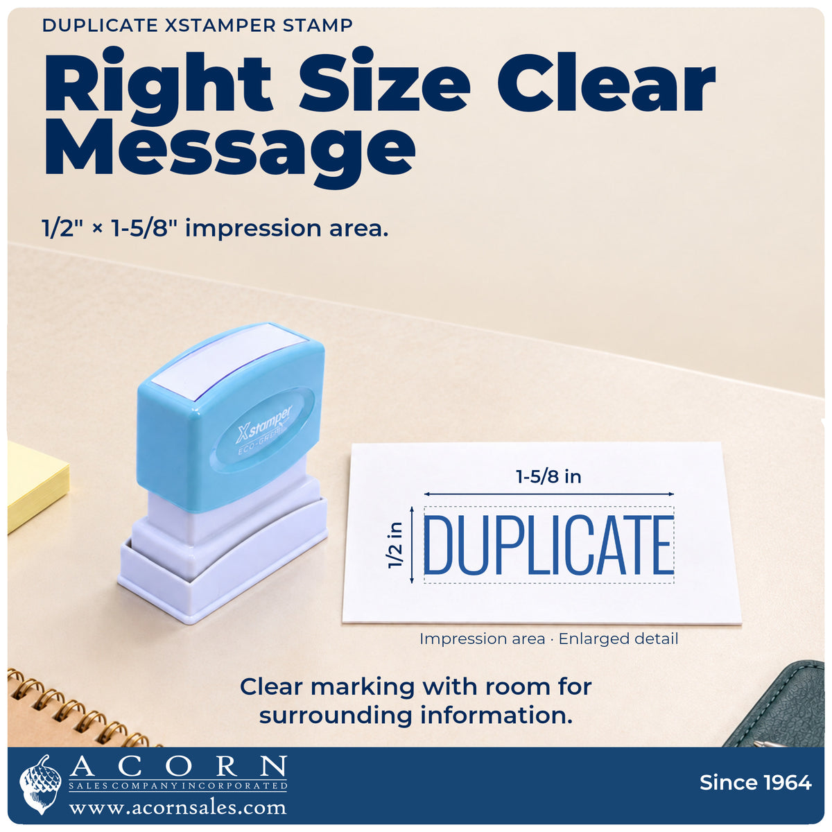 Impression size guide: the "Duplicate" imprint measures 1/2 x 1-5/8 in