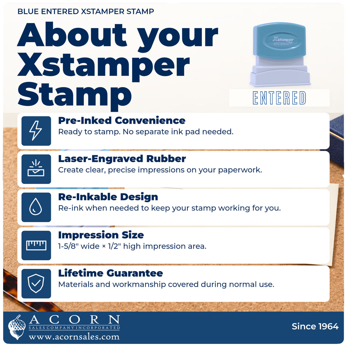 About your Blue Entered Stamp: Xstamper 1021 pre-inked stock stamp facts