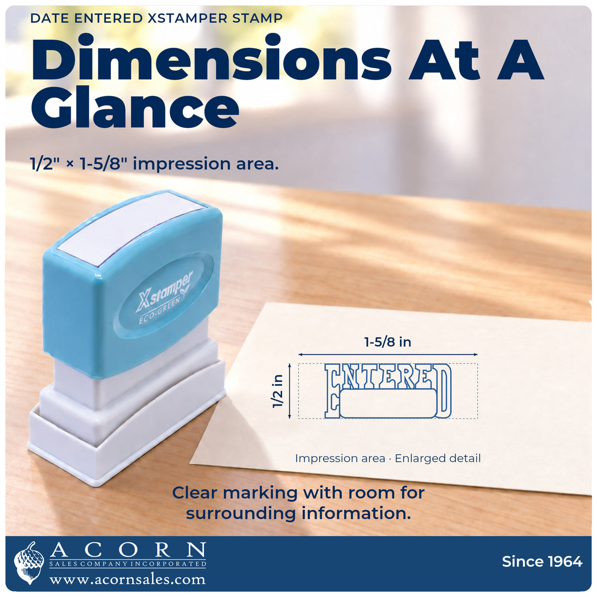 Impression size guide: the "Date entered" imprint measures 1-5/8 x 1/2 in