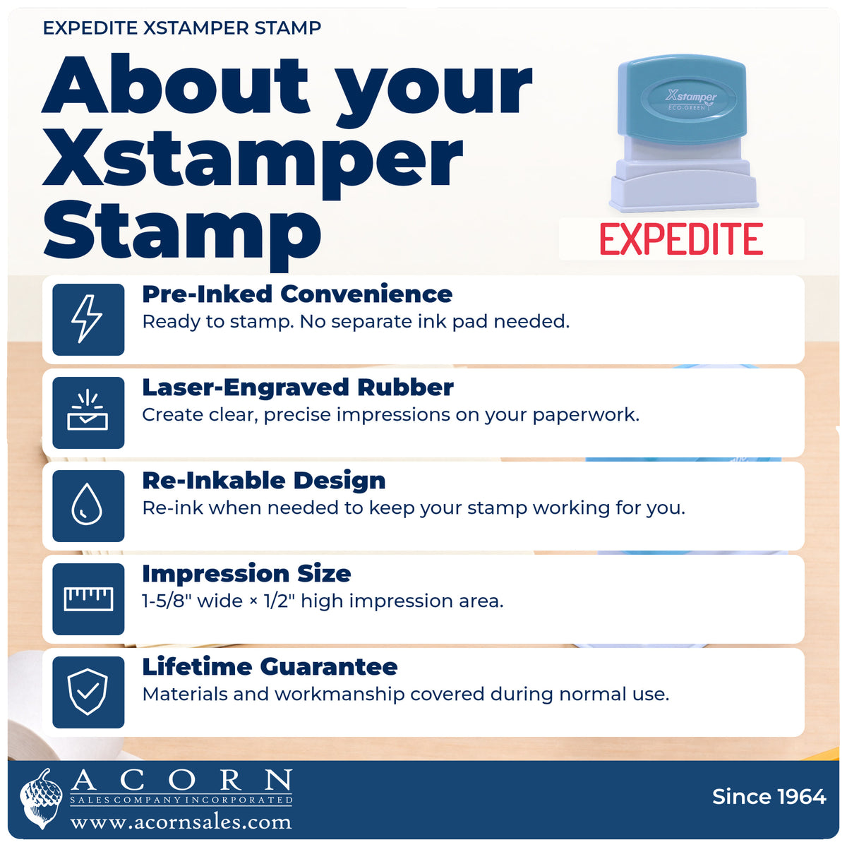 About your Xstamper Expedite Stamp: Xstamper 1034 pre-inked stock stamp facts