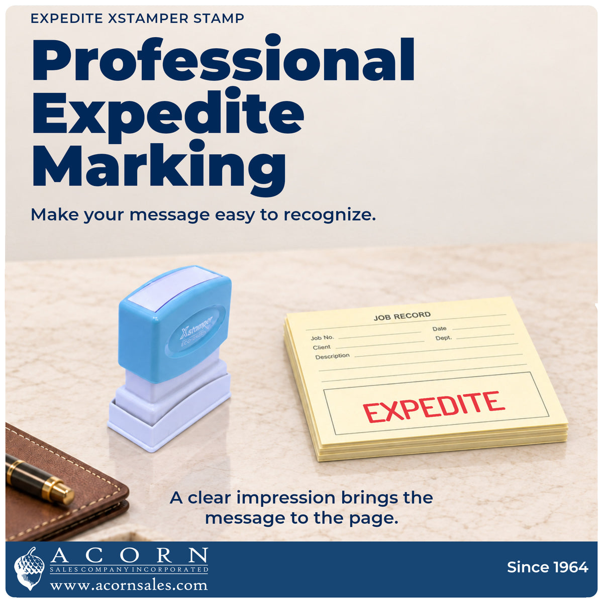 "Expedite" imprint on office paperwork beside the Xstamper Expedite Stamp