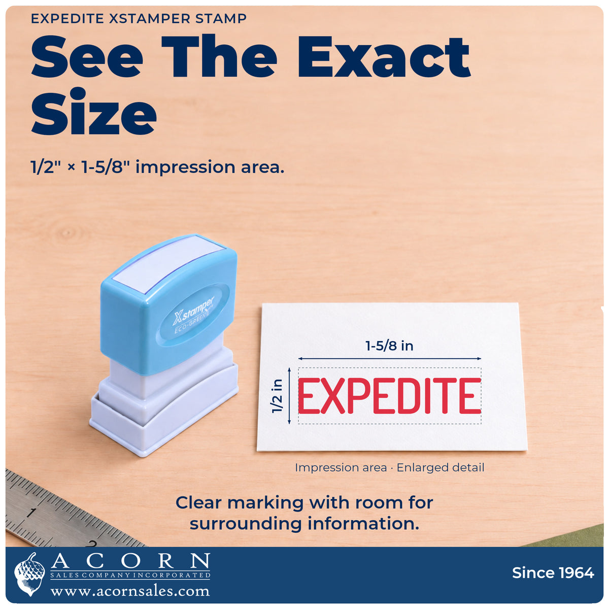 Impression size guide: the "Expedite" imprint measures 1/2 x 1-5/8 in