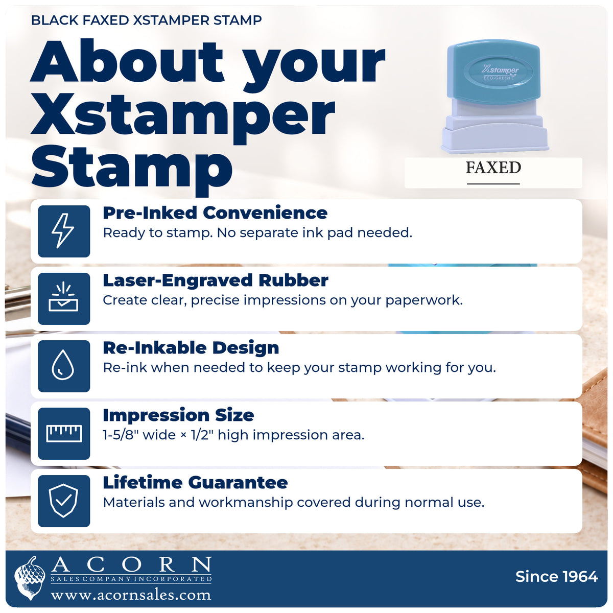 About your Xstamper Faxed Document Stamp – Black Pre-Inked: Xstamper 1216 pre-inked stock stamp facts
