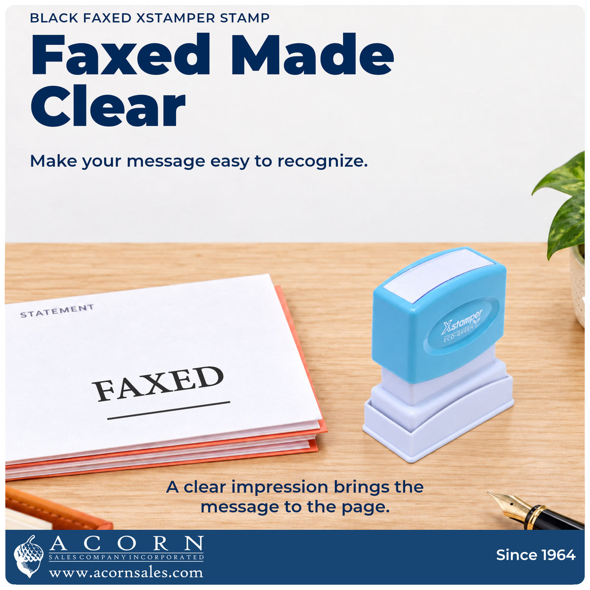 "Faxed" imprint on office paperwork beside the Xstamper Faxed Document Stamp – Black Pre-Inked