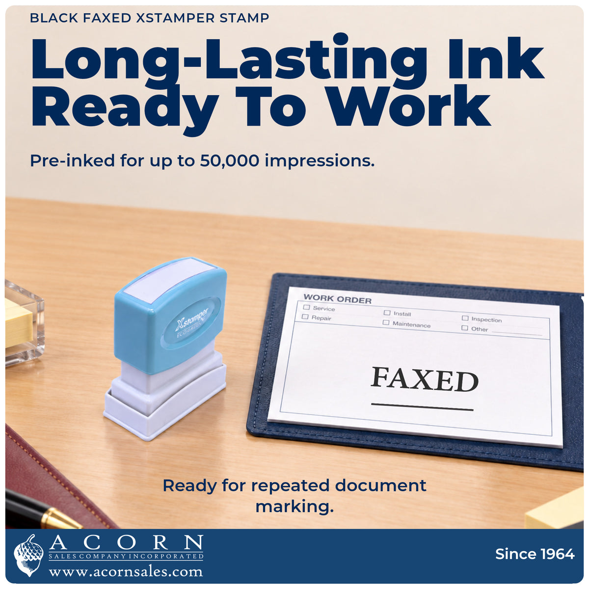 Re-inkable pre-inked build of the Xstamper Faxed Document Stamp – Black Pre-Inked shown in detail