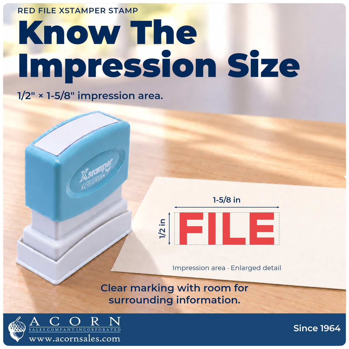 Impression size guide: the "File" imprint measures 1/2 x 1-5/8 in