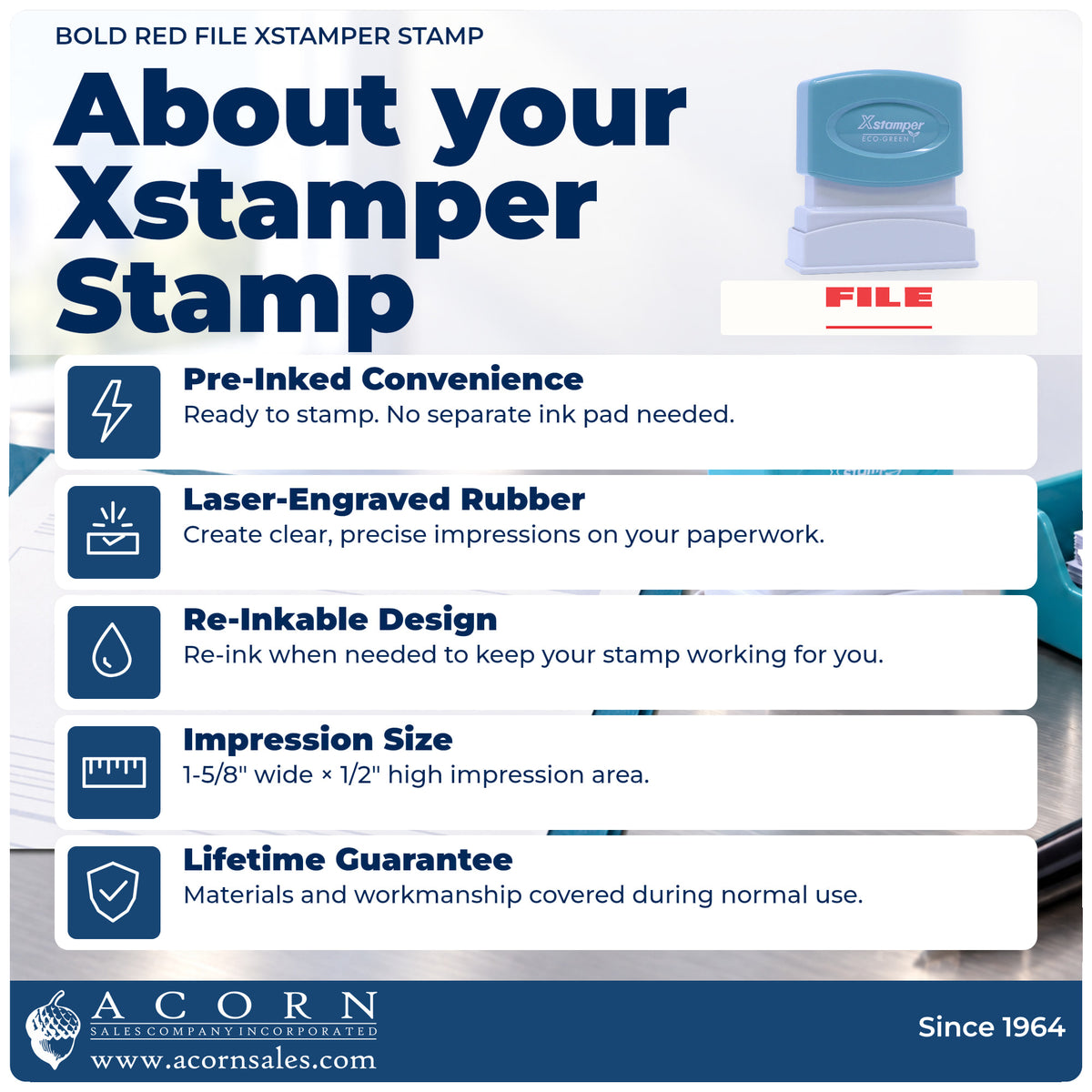 About your Xstamper File Stamp – Bold Red Pre-Inked: Xstamper 1217 pre-inked stock stamp facts