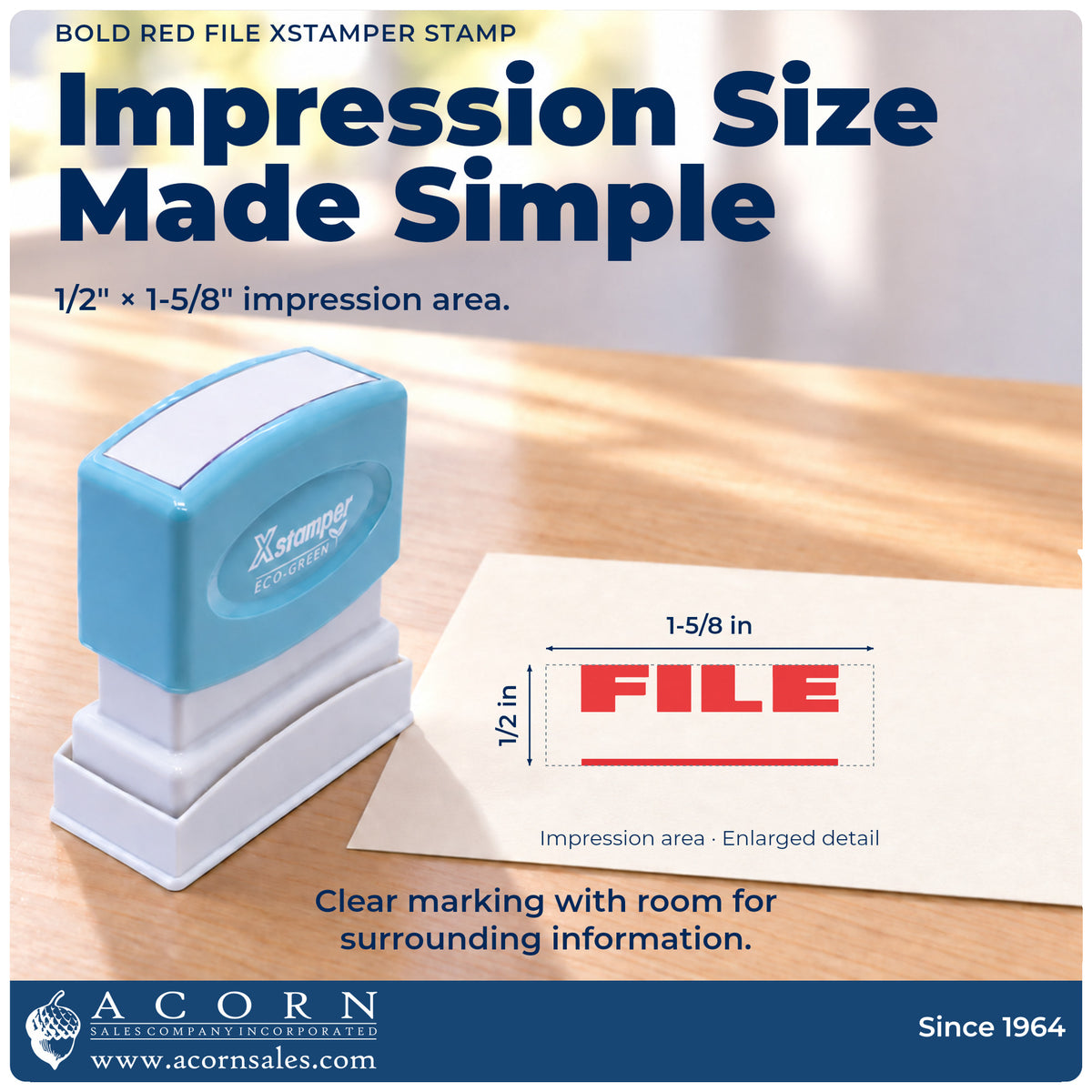 Impression size guide: the "File" imprint measures 1-5/8 x 1/2 in