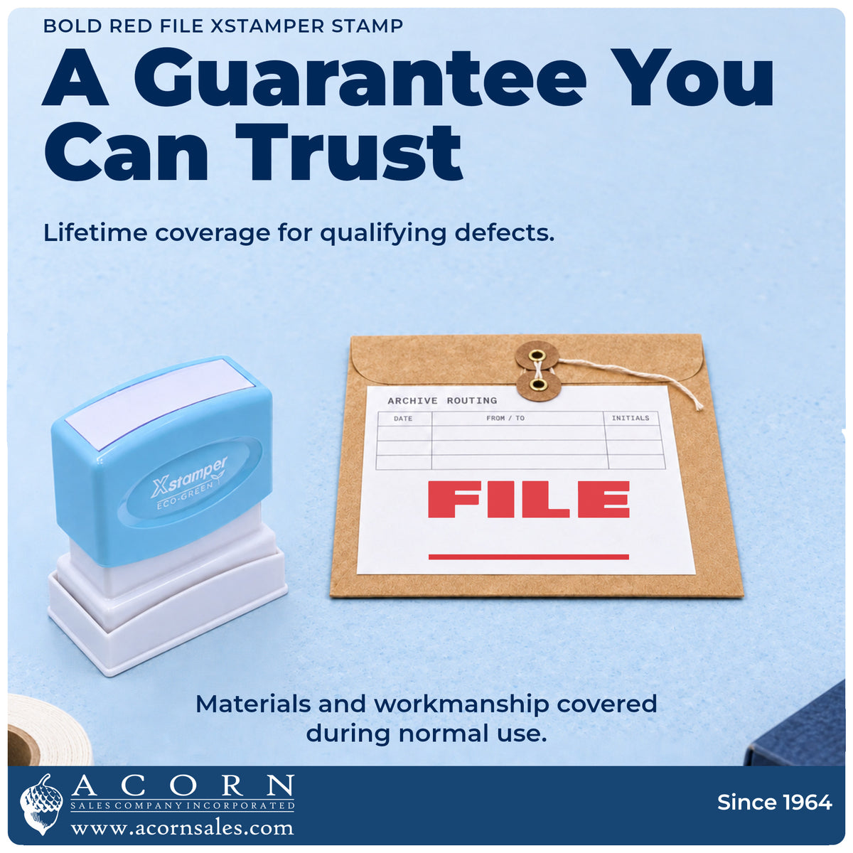 Lifetime guarantee graphic shown with the Xstamper File Stamp – Bold Red Pre-Inked from Acorn Sales