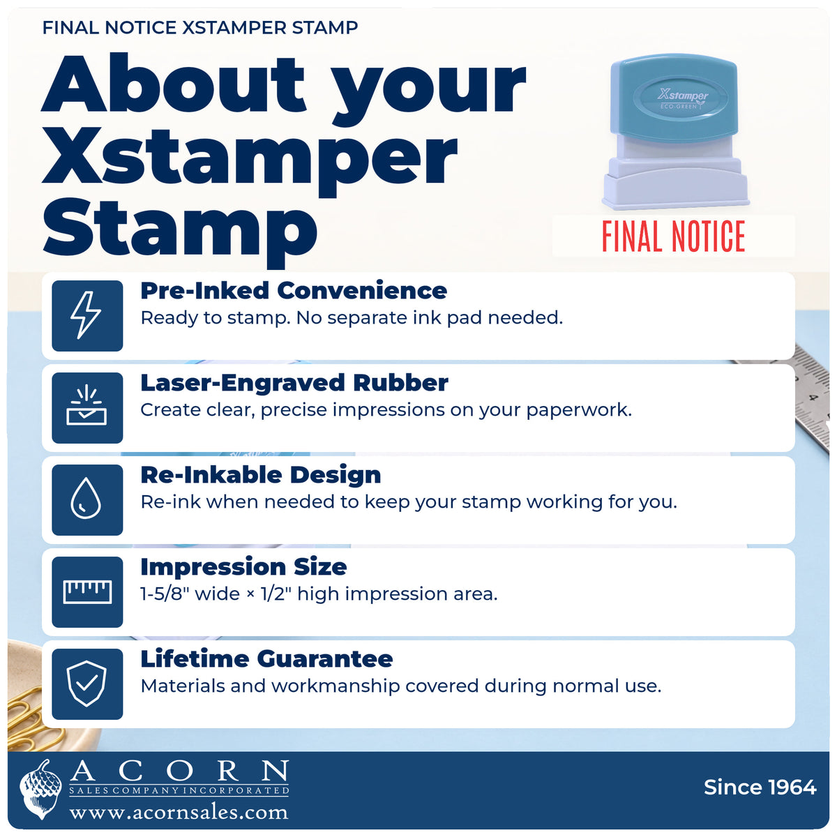 About your Xstamper Final Notice Billing Stamp: Xstamper 1014 pre-inked stock stamp facts