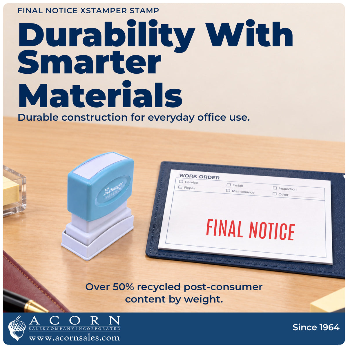 Features of the Xstamper Final Notice Billing Stamp: pre-inked Xstamper 1014, 1-5/8 x 1/2 in imprint