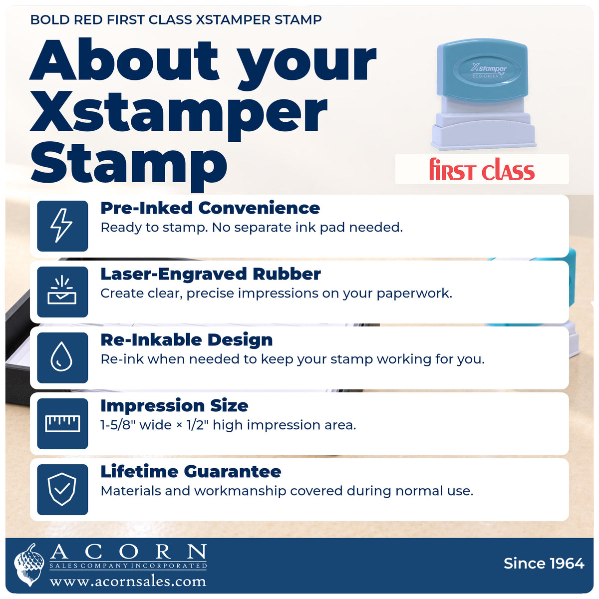 About your Bold Red First Class Stamp: Xstamper 1332 pre-inked stock stamp facts