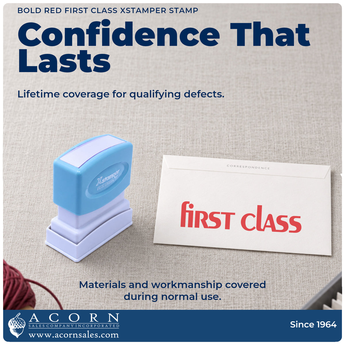Lifetime guarantee graphic shown with the Bold Red First Class Stamp from Acorn Sales