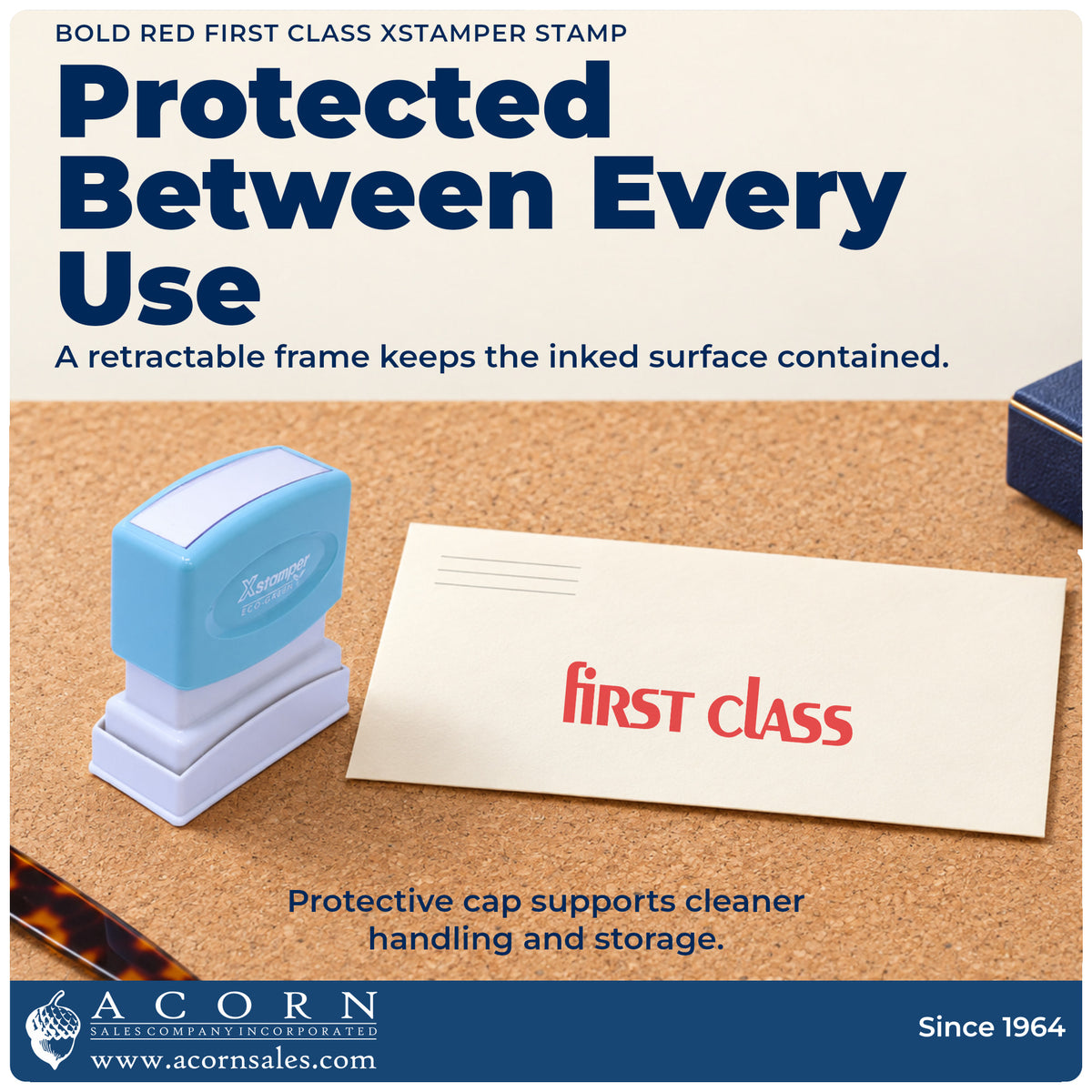 Features of the Bold Red First Class Stamp: pre-inked Xstamper 1332, 1/2 x 1-5/8 in imprint