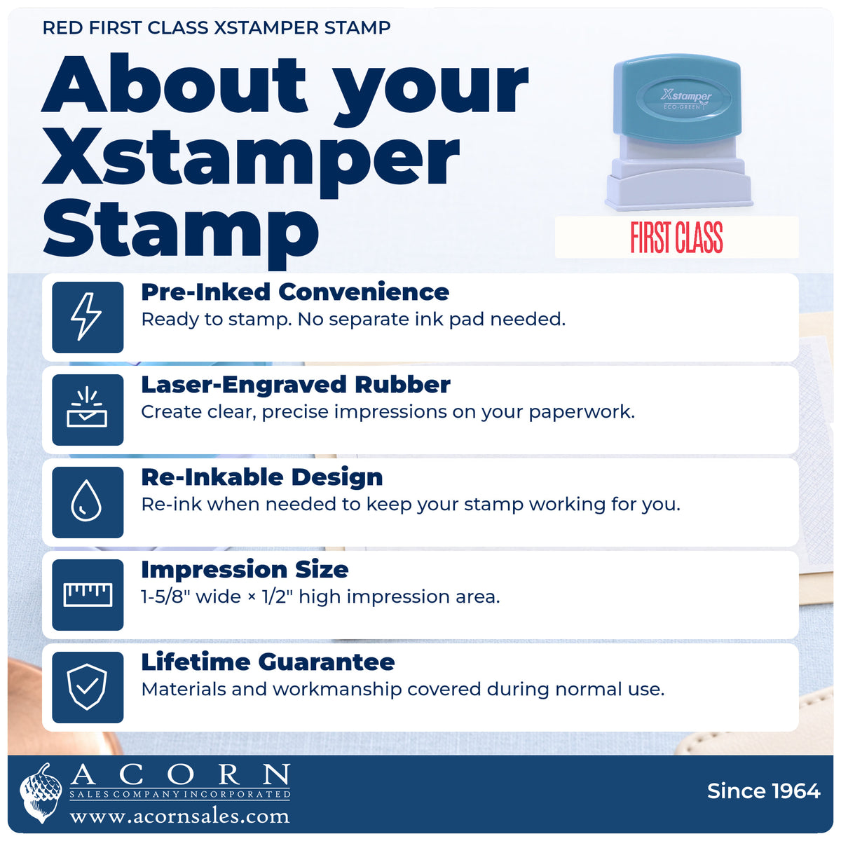 About your Xstamper First Class Envelope Stamp – Red Pre-Inked: Xstamper 1512 pre-inked stock stamp facts
