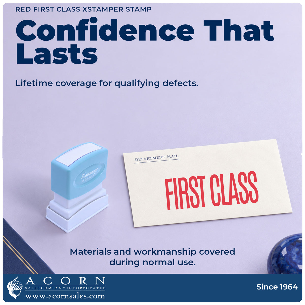 Lifetime guarantee graphic shown with the Xstamper First Class Envelope Stamp – Red Pre-Inked from Acorn Sales
