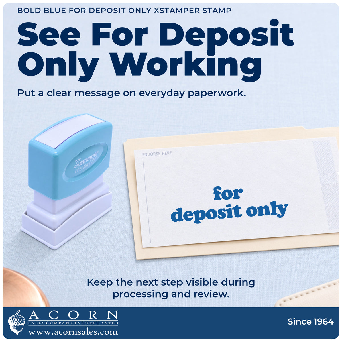 For Deposit Only Banking Stamp – Bold Blue Pre-Inked Xstamper being pressed to leave an imprint reading "For deposit only"