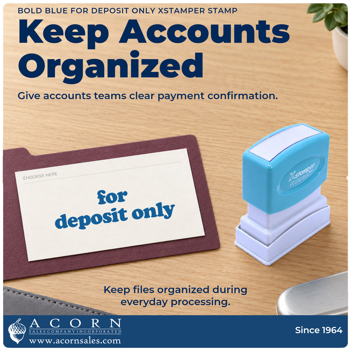 Office workflow showing where the "For deposit only" stamp marks documents
