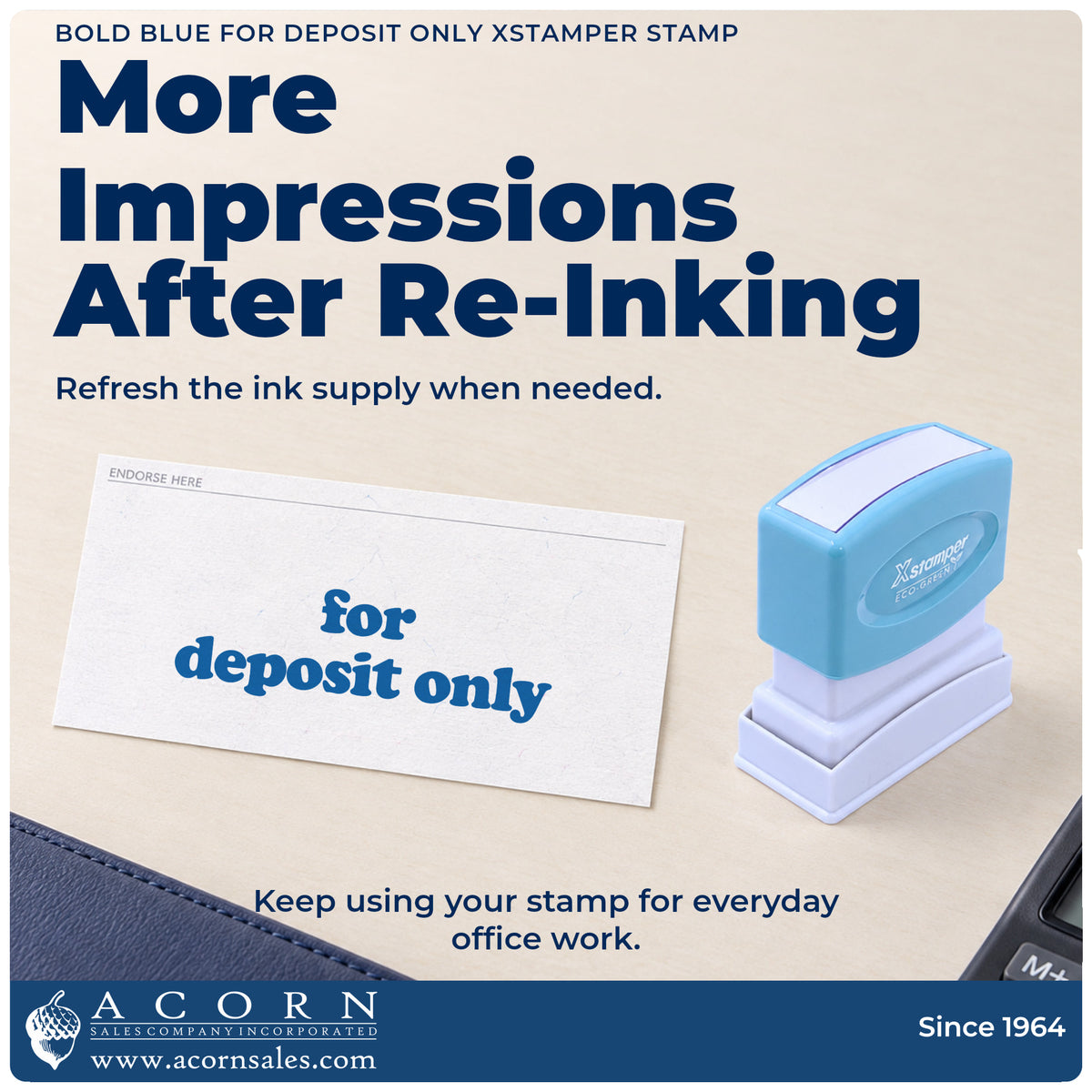 Re-inkable pre-inked build of the For Deposit Only Banking Stamp – Bold Blue Pre-Inked Xstamper shown in detail