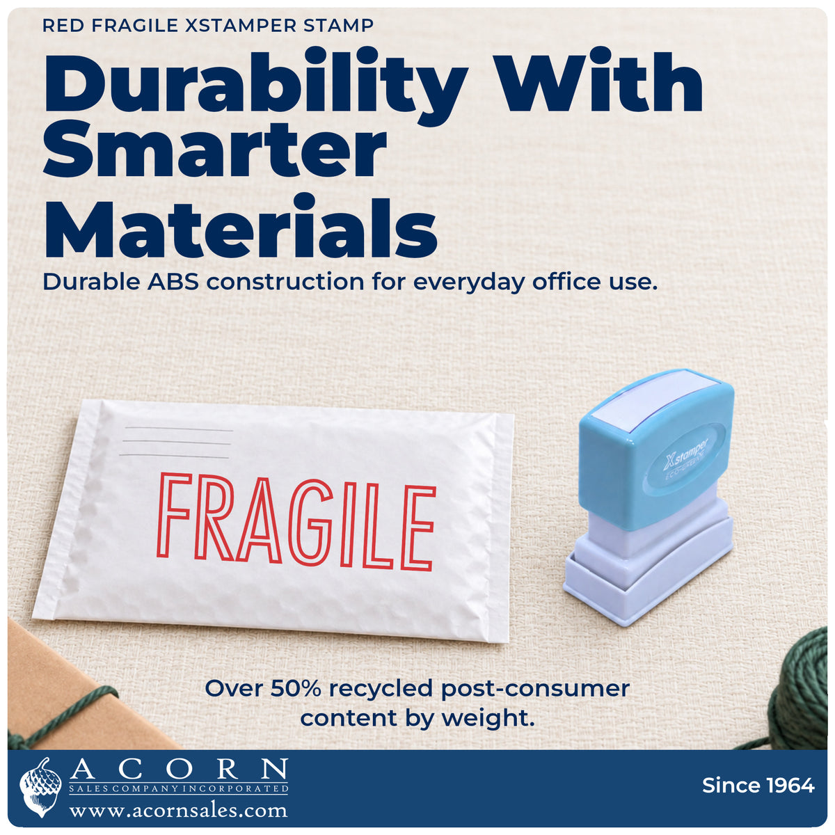 Features of the Xstamper Fragile Mailing Stamp – Red Pre-Inked: pre-inked Xstamper 1010, 1-5/8 x 1/2 in imprint