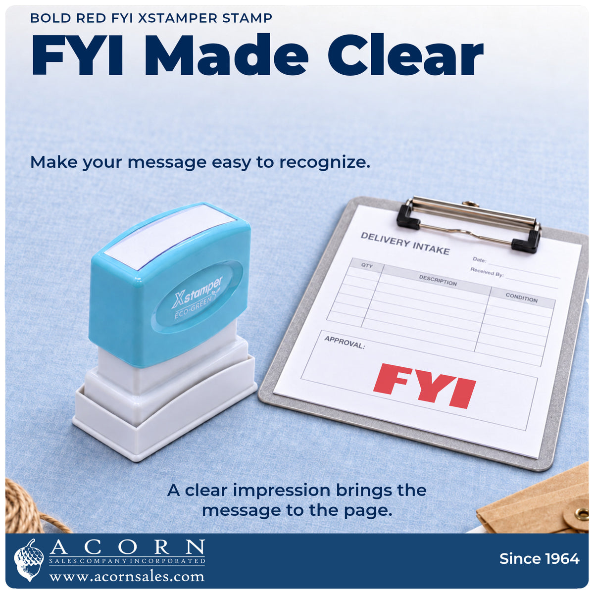 "FYI" imprint on office paperwork beside the FYI Stamp – Bold Red Pre-Inked Xstamper